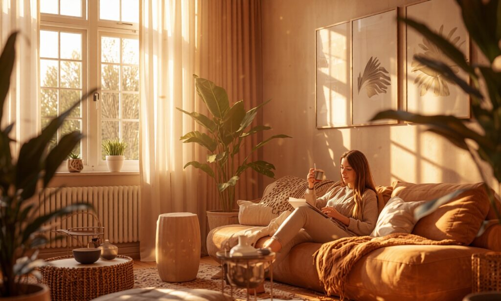 Designing a Life That Feels Like Home Cozy modern living room with natural sunlight, indoor plants, and a woman journaling on a sofa, symbolizing personal growth, authentic living, and creating a life that feels like home.